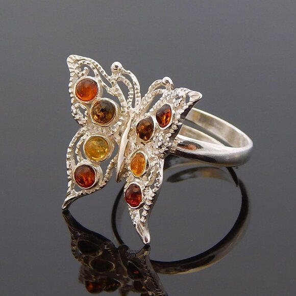 Natural Baltic Multicolor Amber Adjustable Butterfly Ring in 925 Sterling Silver - Picture 3 of 5